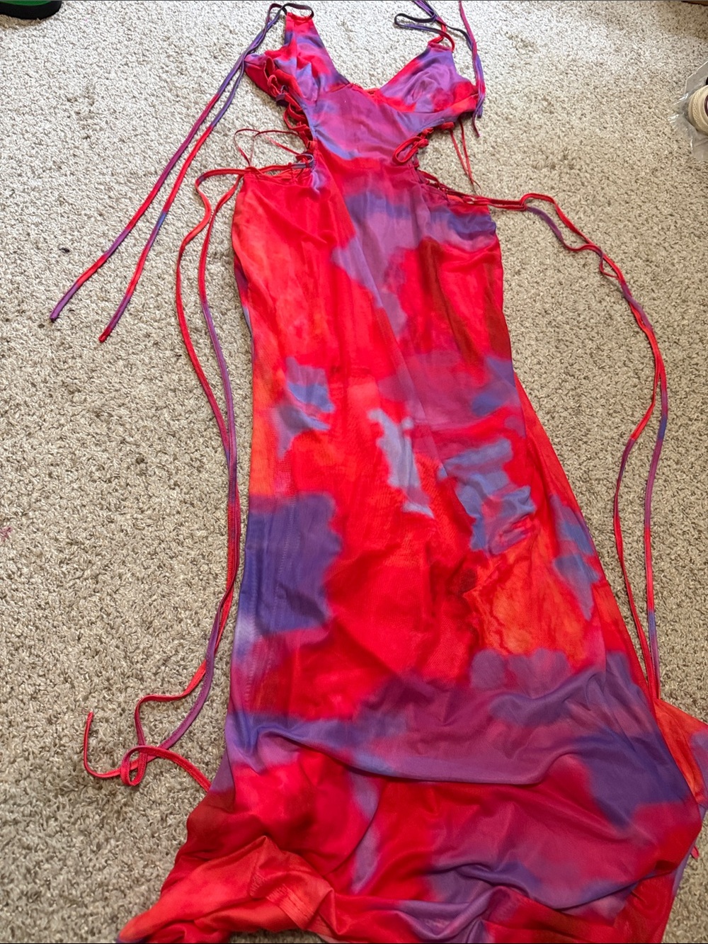 Red & Purple Tie-Dye Slip Dress with Side Tie Details